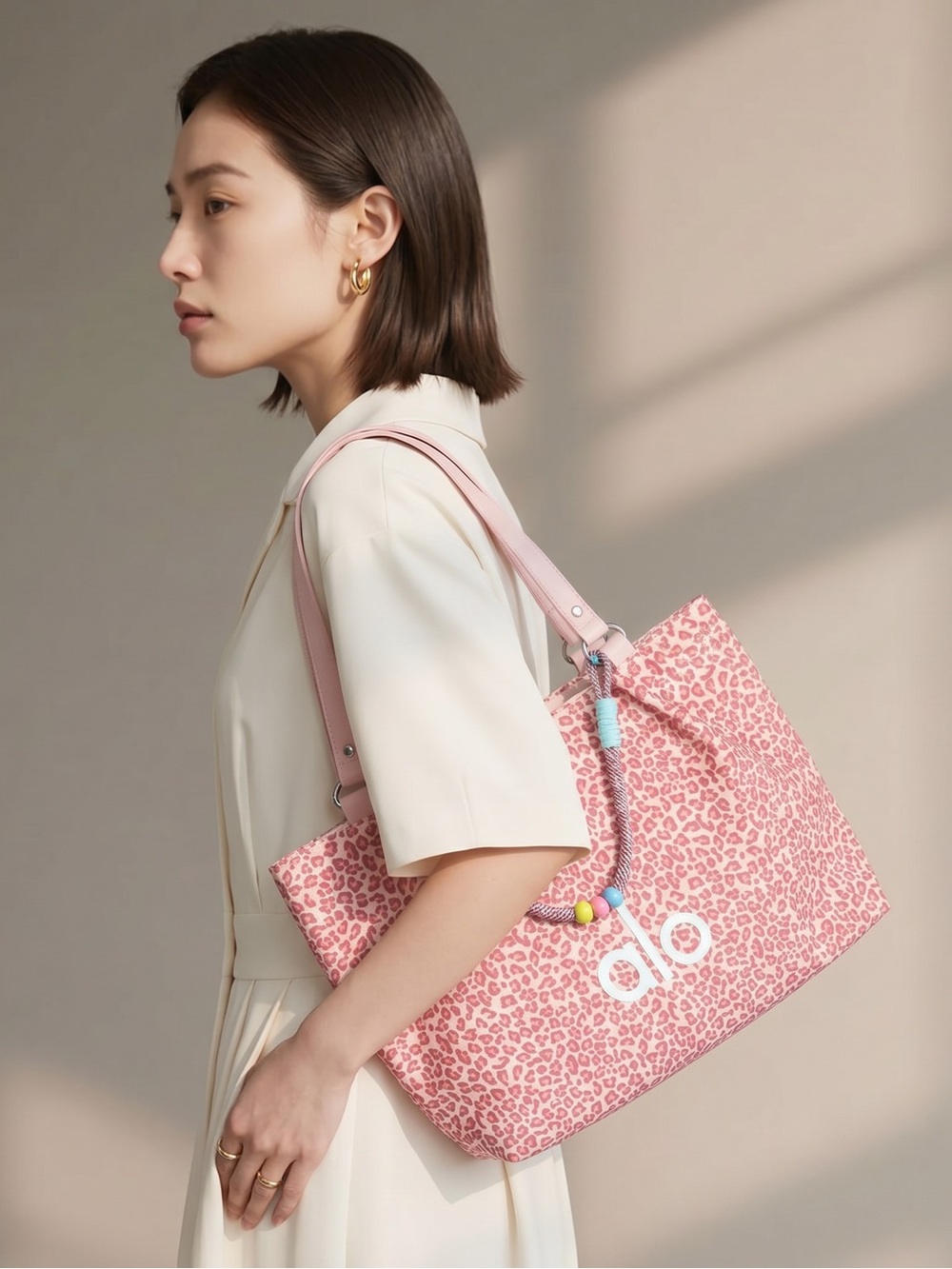 Pink Leopard Print Tote Bag with Detachable Bead Charm